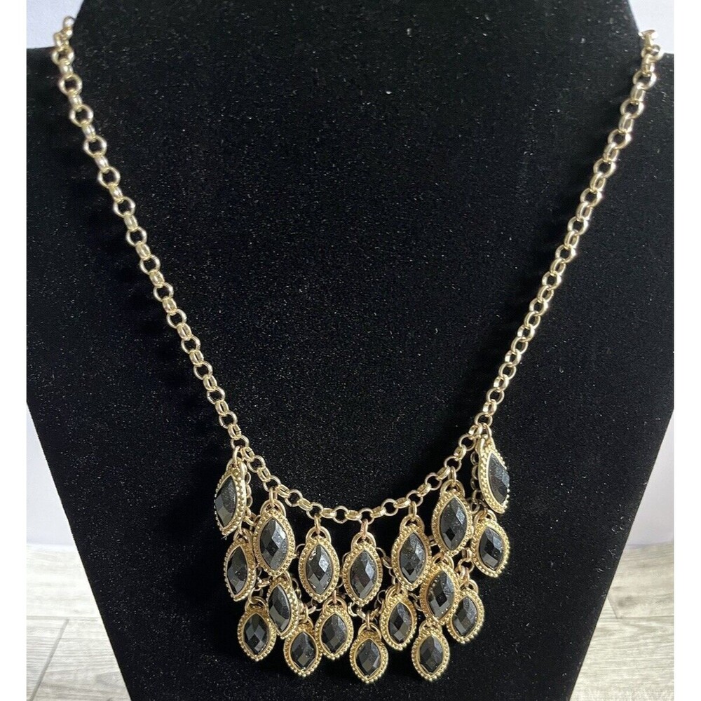 Waterfall Tear Drop Style Bib Statement Necklace Gold Tone Black Jet 20"